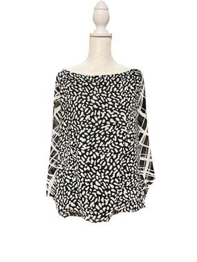Ann Taylor Black White Abstract Print Blouse Size Large Sheer Sleeve